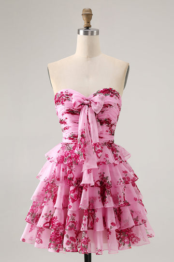 Pink Flower A-line Strapless Tiered Short Homecoming Dress with Front Bow